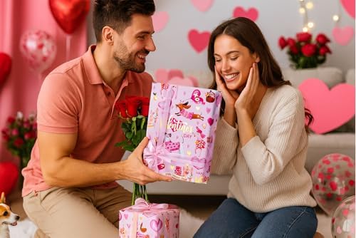 MAYPLUSS Valentines Day Wrapping Paper, Pink Heart Wrap Paper Cute Dog Gift Wrapping Roll for Girl Anniversaries Romantic Celebration, 17IN X 33FT