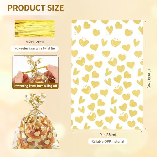 COQOFA 50 Pcs 9X12 IN Gold Heart Cello Cellophane Treat Bags - Clear Candy Cookie Bags with Twist Ties for Baby Shower, Valentine, Wedding, Birthday
