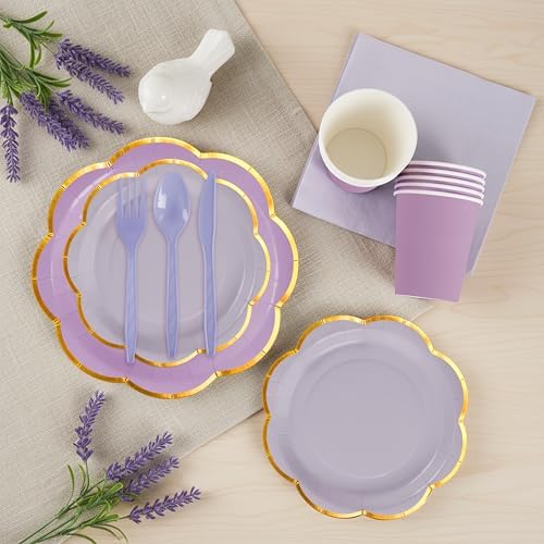 168Pcs Purple Paper Plates and Napkins Party Supplies for 24 Guests
