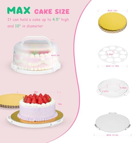 Cake Carrier With Lid And Handle, Bpa-Free Cake Holder With Lid For 10 Inch Round Cake Carrier With 10 pcs Round Golden Cake Boards And Portable Insulated Bag（White）