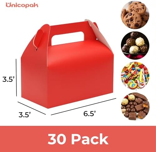 UnicoPak 30 Pack Red Party Favor Bag Boxes, Gable Gift Boxes for Treats Goodies Candies Cookies, Ideal for Red Party Favors, Theme Birthday Party, Valentine's Day, 6.5x3.5x3.5 Inches