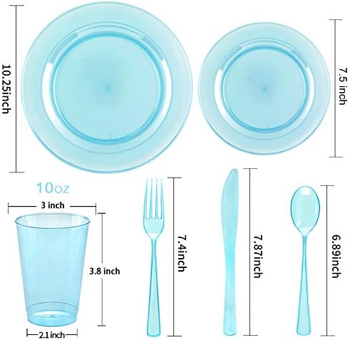 WDF 25 Guest Blue Plates with Disposable Silverware&Blue Cups-Neon Clear Plastic Dinnerware include 25 Dinner &Salad Plates,25Forks, 25 Knives, 25 Spoons,25 Cups for Graduation (Pack of 2)