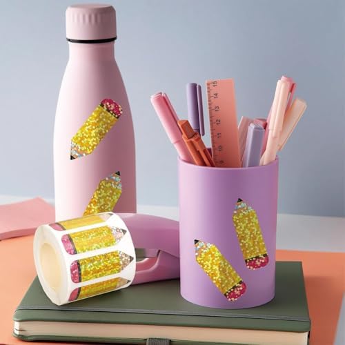 500Pcs Back to School Pencil Stickers Roll 1in Laser Pencil Waterproof Decals Self-Adhesive Sparkly Stationery Stickers for First Day of School Party Supplies Envelope Scrapbook Decorations
