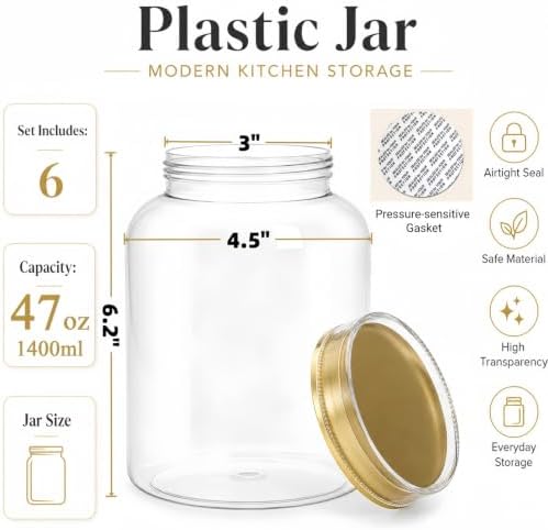 Tlence 6 Pack 1.4L Clear Plastic Jars, 47OZ Cookie Jar with Lids, Airtight Candy Buffet Containers, Round Food Storage Mason Jug for Apothecary, Flour, Sugar, Tea, Coffee, Fermenting, Pickling