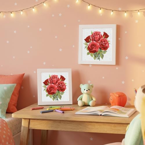 Diamond Art Kit for Kids with Frame,Red Rose Diamond Painting for Kids