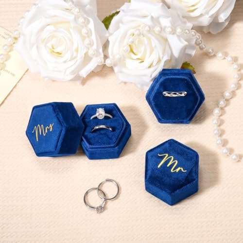 Mr & Mrs Velvet Wedding Ring Box 2 Slots Cursive Hexagon Jewelry Ring Box for Wedding Day Ceremony Bridal Photography Gift Set of 2 (Sapphire Blue)