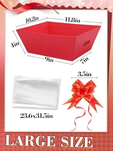 Beeplove 6 Sets Large Thick Kraft Baskets for Gifts Empty - Gift Baskets Empty Kit with Cellophane Wrap and Pull Bows for Wedding Birthday Bridesmaid Baby Shower, Red
