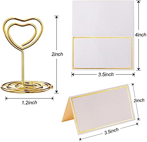 Toncoo 24 Pcs Mini Place Card Holders and 24 Pcs Place Cards with Gold Foil Border, Table Number Stand with Heart Shape, Table Card Holder Photo Picture Holder Memo Menu Clips for Wedding, Birthday