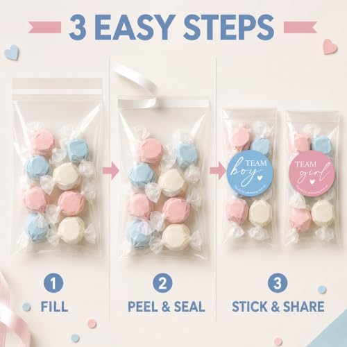 Gender Reveal Party Favor Bags, 120 Team Boy or Girl Stickers and 120 Clear Treat Bags, 1.6 Inch Pink and Blue Labels for Candy, Snacks and Baby Shower Decorations