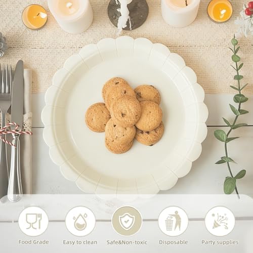 Vyntra 50 Pcs Ivory 7 Inch Scalloped Paper Dessert Plates