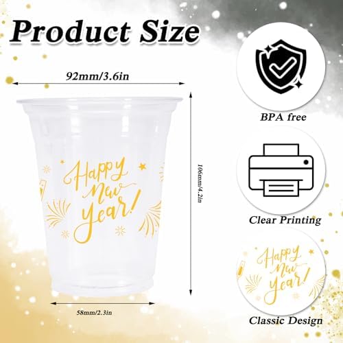Whaline 50Pcs 12oz Happy New Year Disposable Cups Gold Plastic Party Cups New Year Eve Clear Plastic Glasses for Winter Holiday Drinks Party Supplies