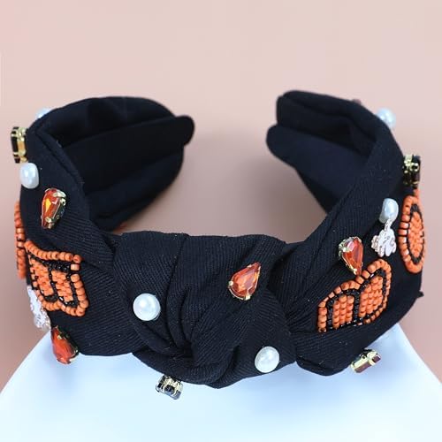 Halloween Boo Headband for Women Crystal Pearl Knotted Hairband Beaded Black Orange Wide Knot Headband for Girls Adult Halloween Pumpkin Ghost Accessories Outfits Gifts