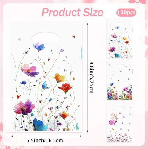 Wildflower Gift Bags, 100 Pcs Wildflower Party Favor Bags with Handles, Plastic Floral Goodie Candy Cookie Treat Bag for Wildflower Baby Shower Decorations Birthday Spring Party Favors Supplies