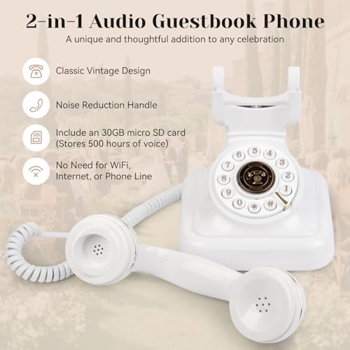 Audio Phone Guest Book Audio Guestbook Wedding Phone Record Guest Voice for Birthdays Party Graduation Baby Shower Retirement Special Occasions, White