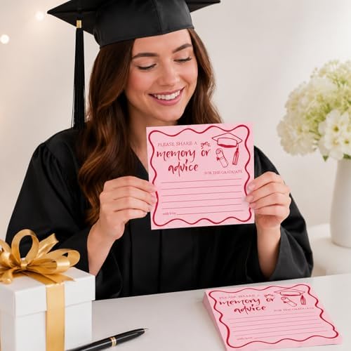 JarThenaAMCS 50Pcs Pink Graduation Memory or Advice Cards Single Sided Congrats Grad Message Card with Cap & Diploma Design for Girls High School College Kindergarten Graduation Party Favor Supplies