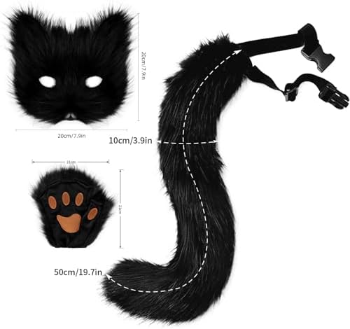 Adolala Faux Fur Fox Tail Cat Wolf Set Plush Mask Fluffy Paw Gloves Halloween Christmas Party for Women