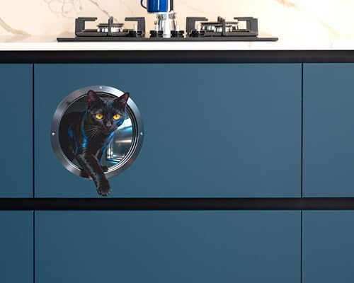 FLFK Cute Cat Wall Decal - Removable Peel and Stick Wall Sticker with 3D Effect for Toilet Kitchen Offices, Black Cat Stepping Out