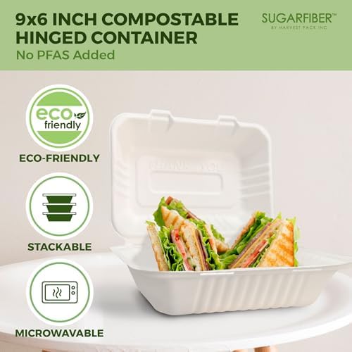9X6 inch Compostable White Clamshell Take Out Food Containers togo boxes