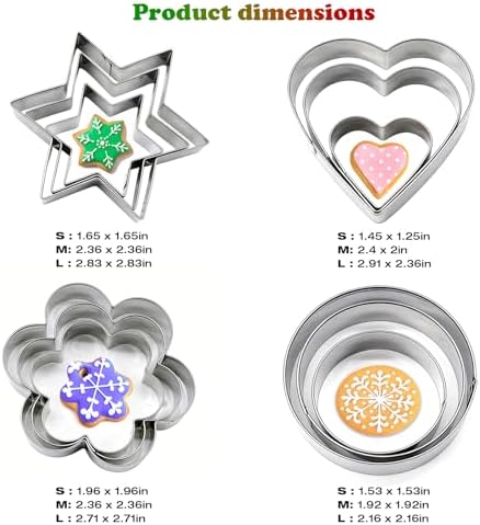 12-Piece Metal Cookie Cutter Set, Stainless Steel Biscuit Cutters for Baking, 4 Shapes (Heart, Star, Flower, Circle), Ideal Fondant Cutters & Dough Cutter, Perfect Cookie Cutters for Kids & Adults