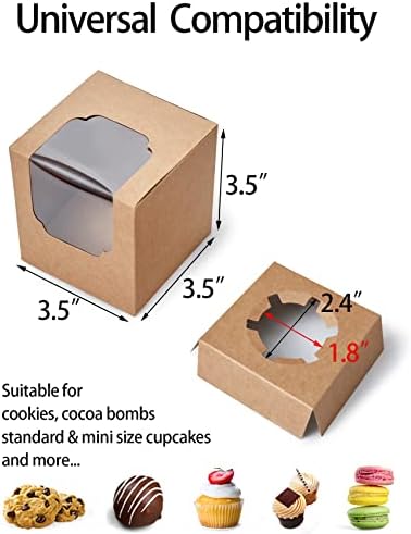 Happyhiram 100 Pack Brown Kraft Single Cupcake Boxes with Inserts & Window