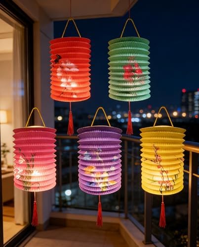 5PCS Paper Lanterns with LED Lights Valentines Day Chinese New Year'eve Spring Festival Lantern 6.3inches , Hanging Lighting Lanterns for Mid Autumn Dinner Birthday Party Decoration