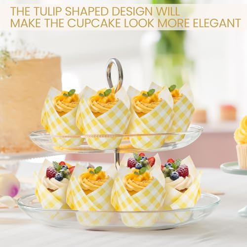 Maxdot 200 Pcs Yellow Gingham Tulip Cupcake Liners for Baking Plaid Paper Muffin Baking Cups Checkered Tulip Muffin Liners Wrappers for Bridal Baby Shower Wedding Birthday Party Decor