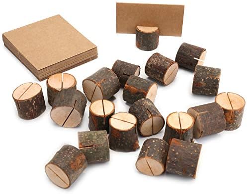 Tosnail 50 Pieces Wooden Place Card Holders with 50 Kraft Paper Cards, Rustic Wood Table Number Stands, Photo Holder for Wedding Party Decoration, Photo Display