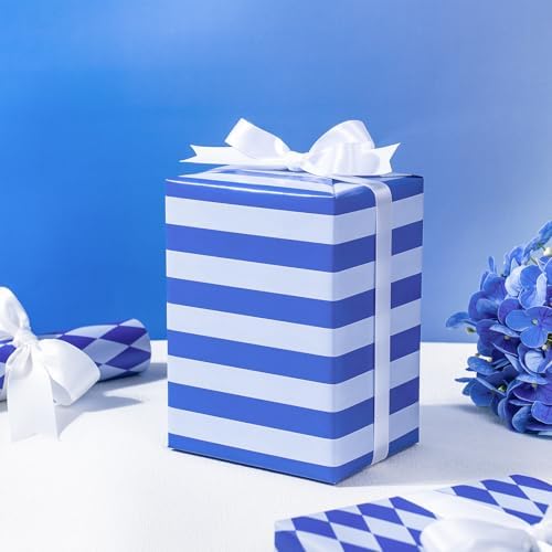 RUSPEPA Reversible Wrapping Paper Roll, Mini Roll, Blue and White Stripes and Diamond Pattern Gift Wrap for Birthday, Wedding, Baby Shower, Easter, Father's Day, Graduation, 17 Inches x 16.4 Feet