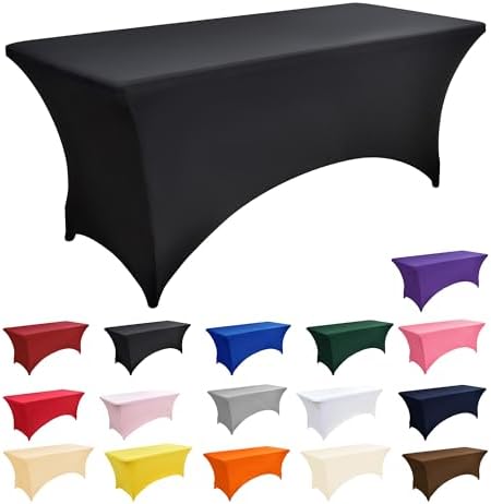 2-Pack 4ft Black Spandex Table Covers for Rectangular Folding Tables - Wrinkle Resistant Stretch Tight Table Cloths - Ultimate Fitted Table Protector for Parties, Banquet, and Wedding