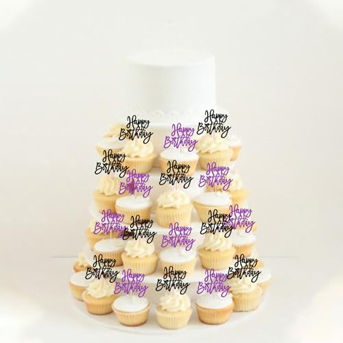 24 PCS Happy Birthday Cupcake Toppers Glitter Happy Birthday Cupcake Picks for Celebrating Anniversary Theme Party Cake Decorations Supplies Black Purple