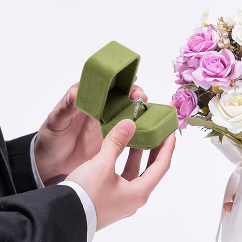 Velvet Single Ring Box Case Holder for Engagement Proposal Birthday Wedding,Jewelry Ring Gift Box Jewelry Packaging Box (Olive Green)