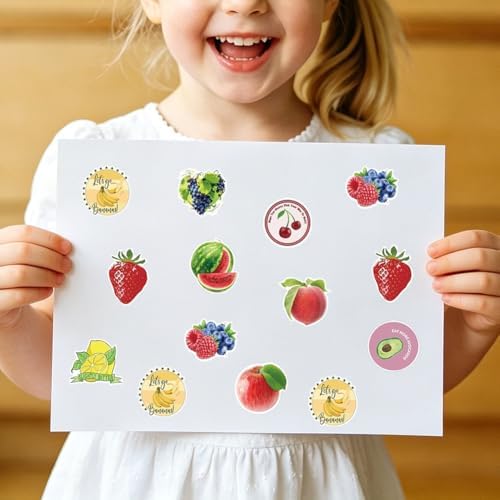 500PCS Fruit Stickers Rolls 8 Styles Summer Fruits Sticker 1in Self-Adhesive Waterproof Vinyl Stickers Decor for Back to School First Day of School Party Supplies Envelope Scrapbook Decorations