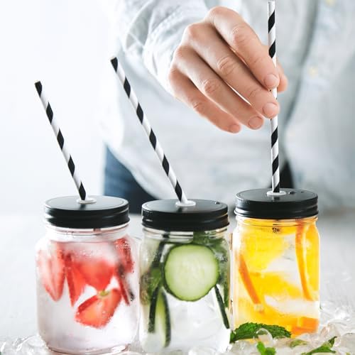 100 Packs Black Biodegradable Striped Paper Straws, Disposable Drinking Straws for Birthday Carnival Summer Pool Party Wedding Baby Shower Halloween Christmas Party Decoration Supplies