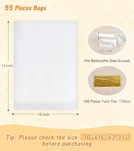 Flat Bottom Cellophane Bags with Twist Ties, 55 CT 10x14 Inches Cellophane Wrap for Gift Flat Bottom Clear Treat Bags Cello Packaging for Party Favors, Bridal Showers and Wedding Gift Wrapping