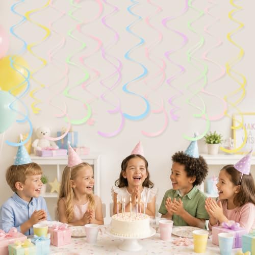 24 PCS Pastel Macarons Hanging Swirl,Sparkle Ceiling Hanging Decorations, Plastic Streamer Party Decorations with Double-Swirls and Single-Swirls for Birthday, Spring, Bridal, Gender Reveal, Wedding