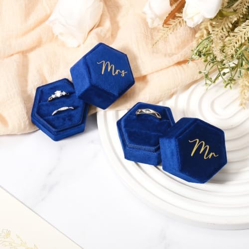 Mr & Mrs Velvet Wedding Ring Box 2 Slots Cursive Hexagon Jewelry Ring Box for Wedding Day Ceremony Bridal Photography Gift Set of 2 (Sapphire Blue)
