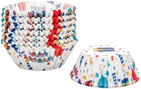 200 Paper Cupcake Liners, Muffin Liners or Baking Cups for Desserts, Muffins, Cupcakes and More Treats; Grease Proof, No Smell, Food Grade, Nut Serving Containers (Birthday)