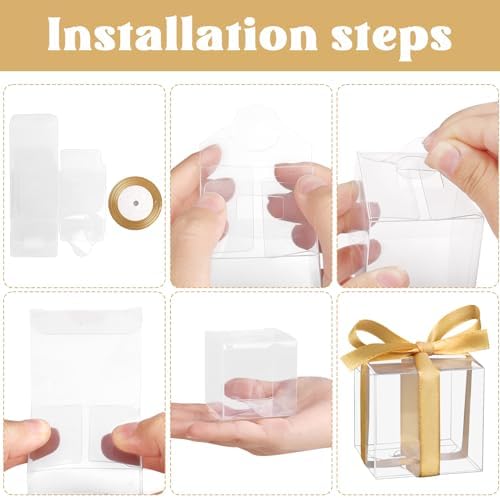 Hooqict 50pcs Favor Boxes 2x2x2 Inches Clear Party Favor Boxes with Ribbons Small Plastic Gift Candy Treat Boxes for Wedding Favors Baby Shower Birthday Classroom