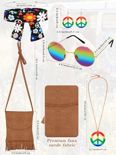 SOMSOC 7 Pieces 60s 70s Women Hippie Costume Fringe Vest Bag Pant Headband for Disco