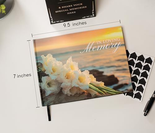 Ocean Hardcover Funeral Guest Book - 9.5 x 7 Celebration of Life Guestbook for Memorial Service with 5x7 Paper Sign, Pen, Black Photo Corner Stickers
