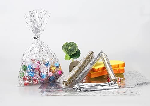100 Pcs Star Printed 5"X 7" Gift Wrap Cello Cellophane Treat Bags Party Favor bags Clear Candy Cookie Bags Plastic Poly Goodie Storage Bags with Twist Ties for Bakery,Birthday, Wedding ,Party Decorations (Silver)
