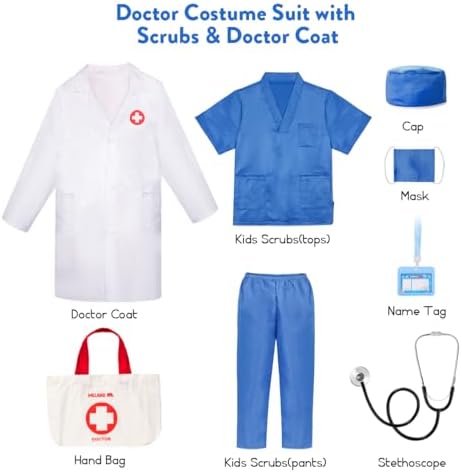 Meland Doctor Costume for Kids 3-10, Pretend Play Career Dress Up with Bag