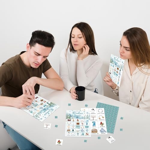 Christmas Party Bingo Game Cards, Winter Bingo Set for Adults Large Group, Winter Holiday Fun Party Games, Xmas Activities Icebreaker Games, for Family Friends, 02