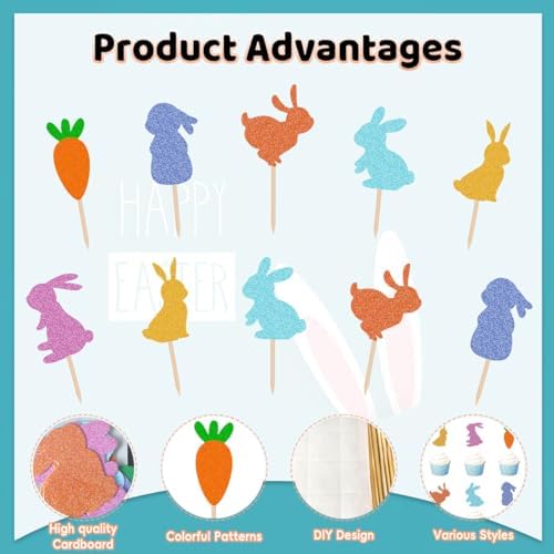 24Pcs Easter Cupcake Toppers, Glitter Bunny Carrot Cupcake Decorations