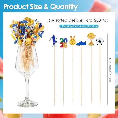 Aodaer 200 Pcs Soccer Cocktail Picks for Appetizers Soccer Toothpicks Long Bamboo Food Picks Fruit Skewers for Drinks Desserts for Game Day Soccer Party Supplies