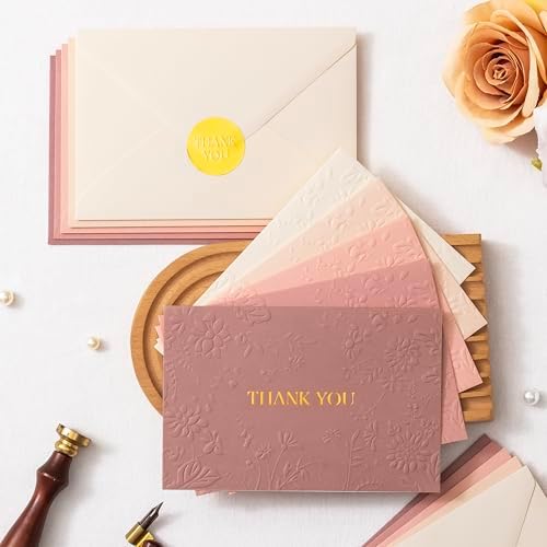Crisky Pink Wedding Thank You Cards with Envelopes(Dusty Rose),50 Pack Embossed Floral Thank You Cards for Bridal Shower, Baby Shower, Small Business, Graduation Party Favors Decorations