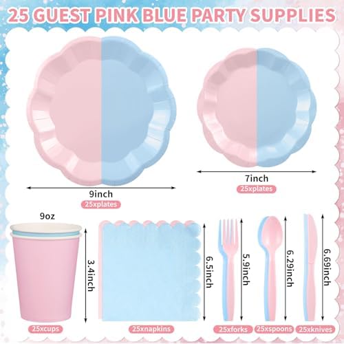 175 Pcs Baby Gender Reveal Plates and Napkins Set, 25 Guest Boy or Girl Gender Reveal Party Supplies Include Light Pink and Light Blue Plates Napkin Cup Plastic Spoon Fork Knive for Baby Shower