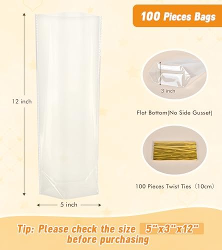 Flat Bottom Cellophane Bags with Twist Ties, 100 Pcs 5x3x12 Inches Cellophane Wrap for Gift Clear Cello Bags Flat Bottom Clear Treat Bags Plastic Packaging for Cookie Candy Goodie (No Side Gusset)