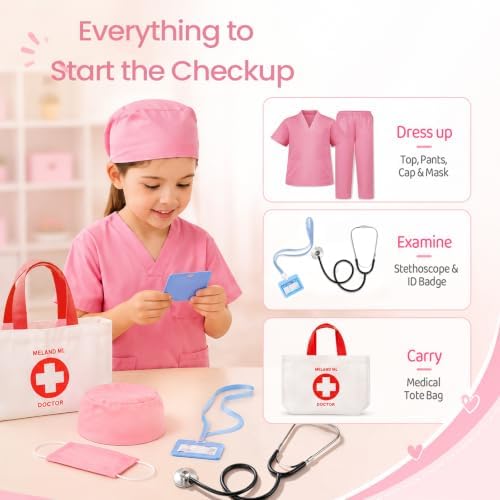 Meland Doctor Costume for Kids 3-10, Pretend Play Career Dress Up with Bag