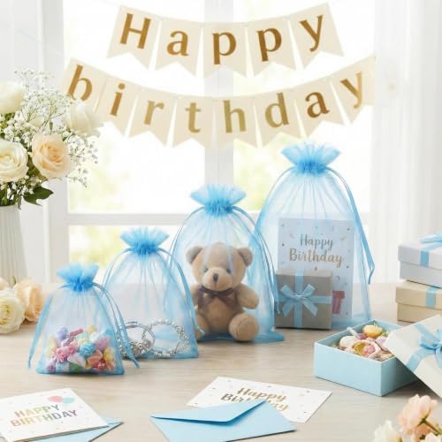 FUNFERY 100PCS Baby Blue Organza Gift Bags 6x9in,Drawstring Jewelry Pouch